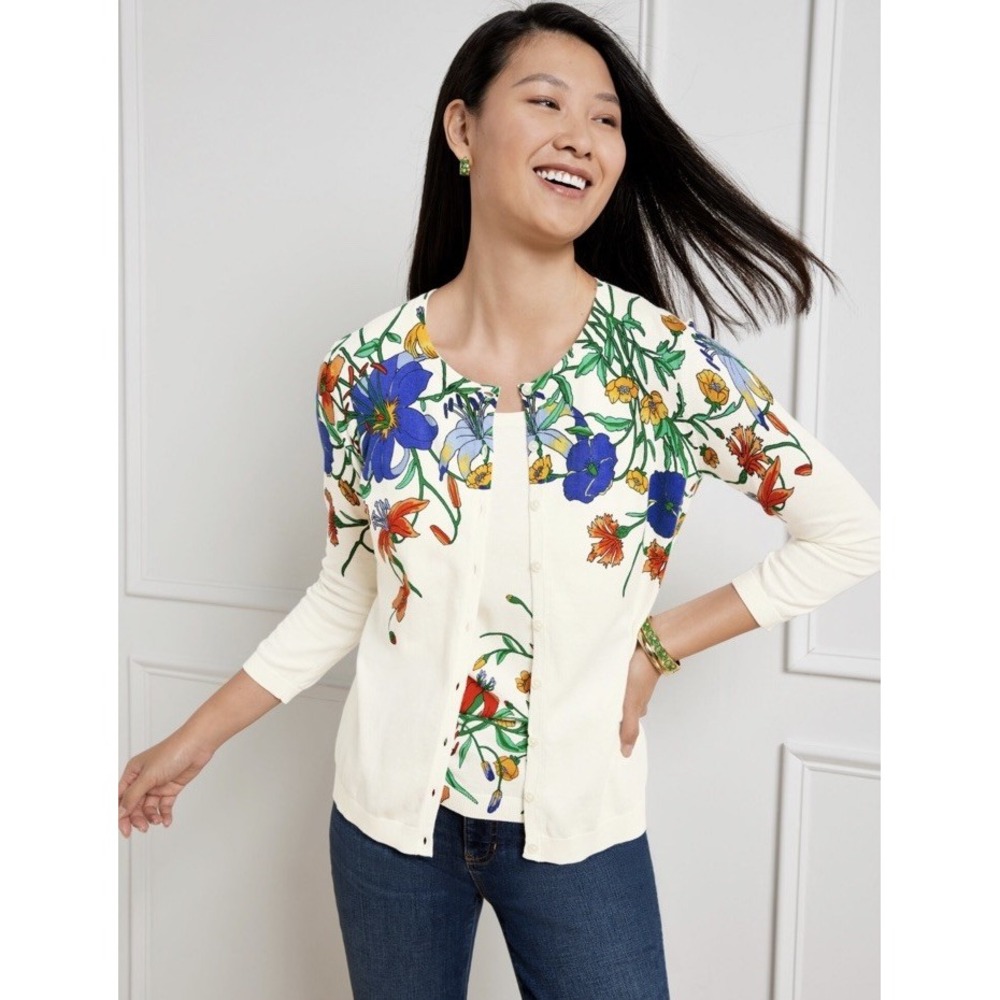 Talbots Charming Cardigan Vivid Botanical Women Medium Workwear Church Spring